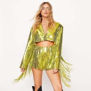 Green Sequin Fringe Blazer Romper